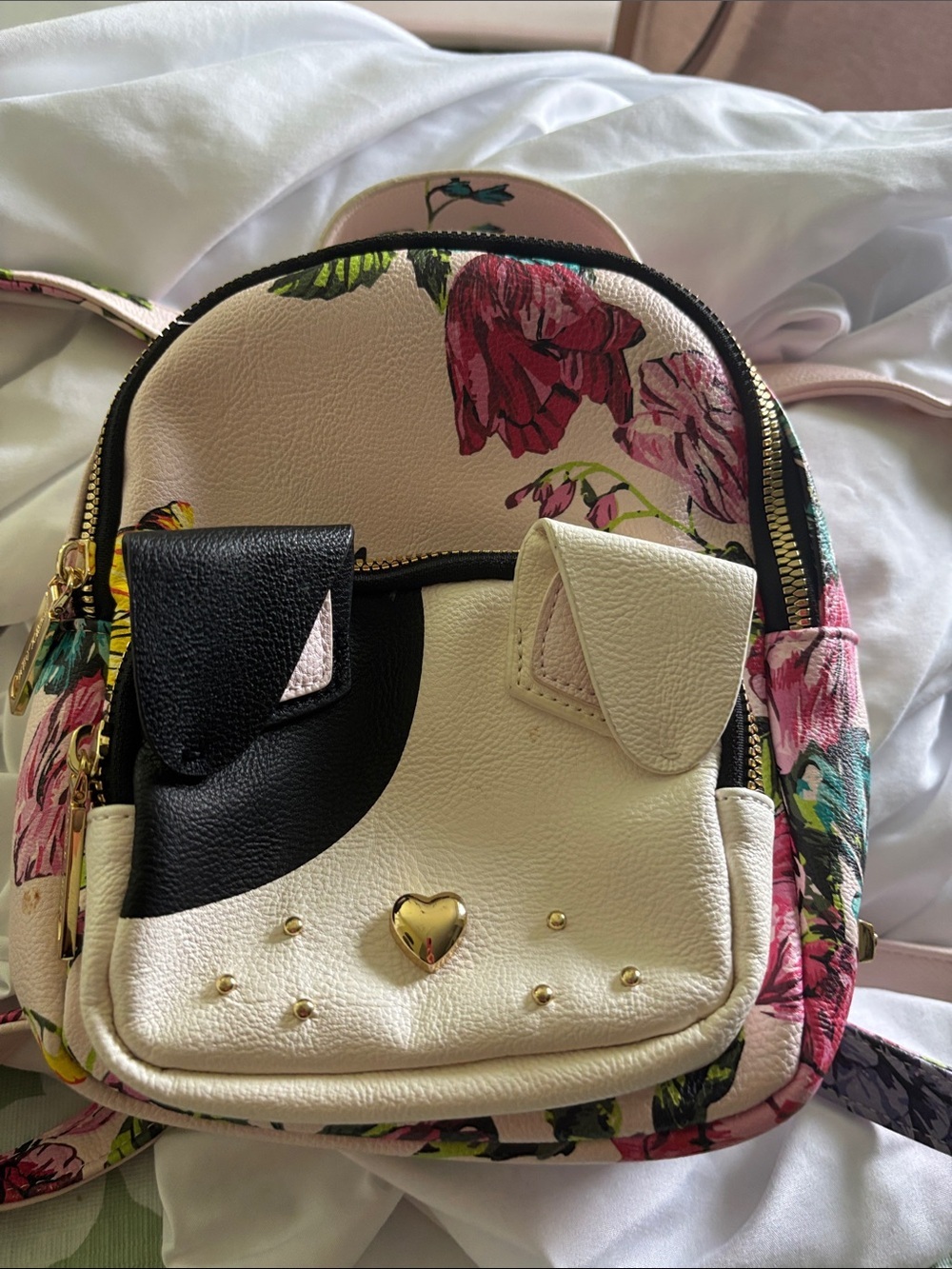 Betsey Johnson Cream Floral Mini Backpack with Black Accent & Gold Heart
